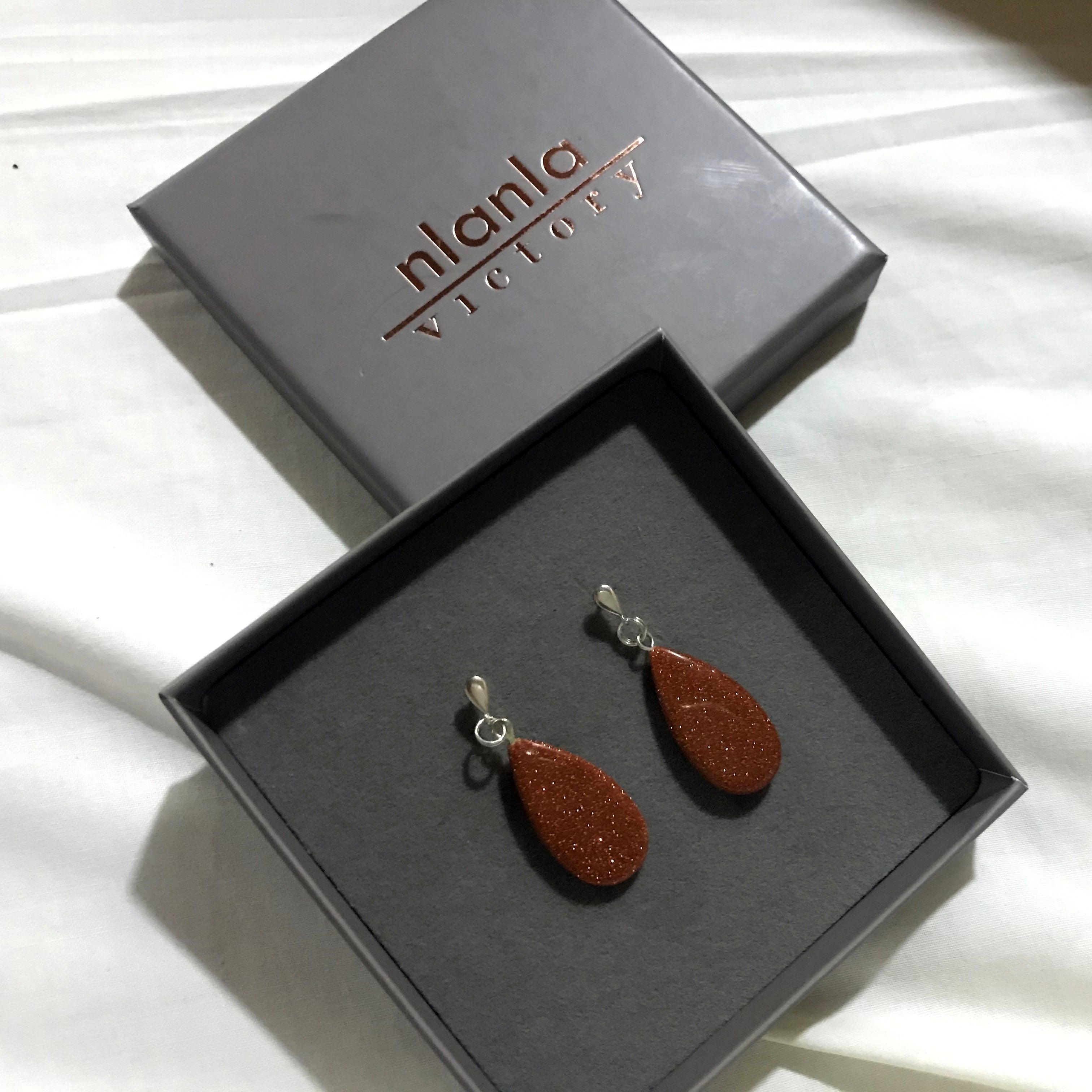 Brown Goldstone Teardrop Earrings, Brown Goldstone Sterling Silver Earrings, Gemstone Stud Earrings | by nlanlaVictory-3