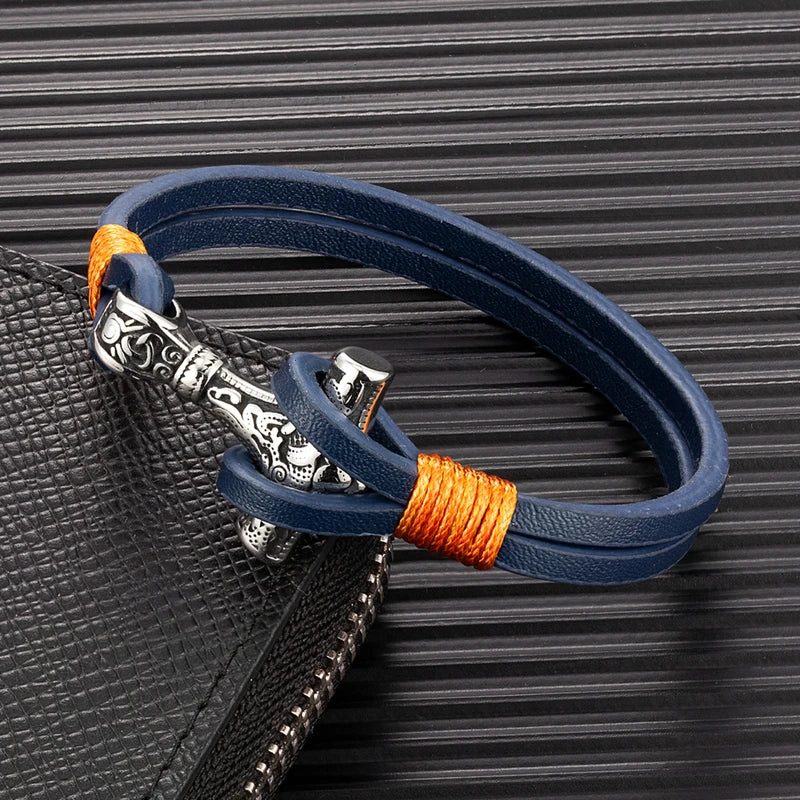 MKENDN Vintage Thor Mjolnir Hammer Double Strand Blue Leather Bracelet Stainless Steel Men's Norse Viking Mythology Jewelry