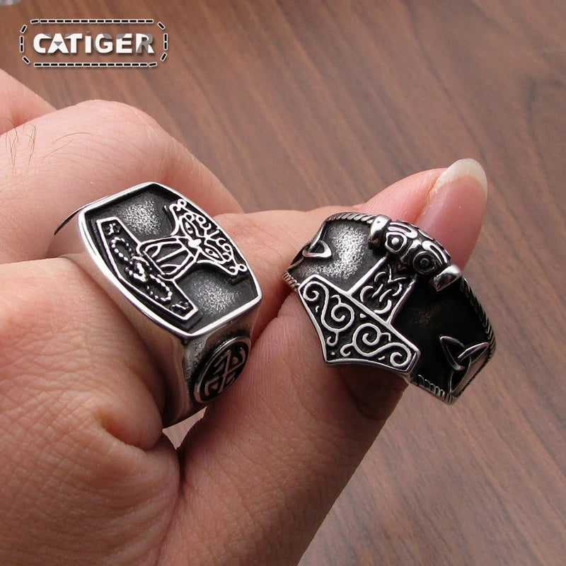 316L Stainless Steel New Viking Ring  Mjolnir Thor Hammer Celtics Knot Rings Men's Nordic Amulet Jewelry