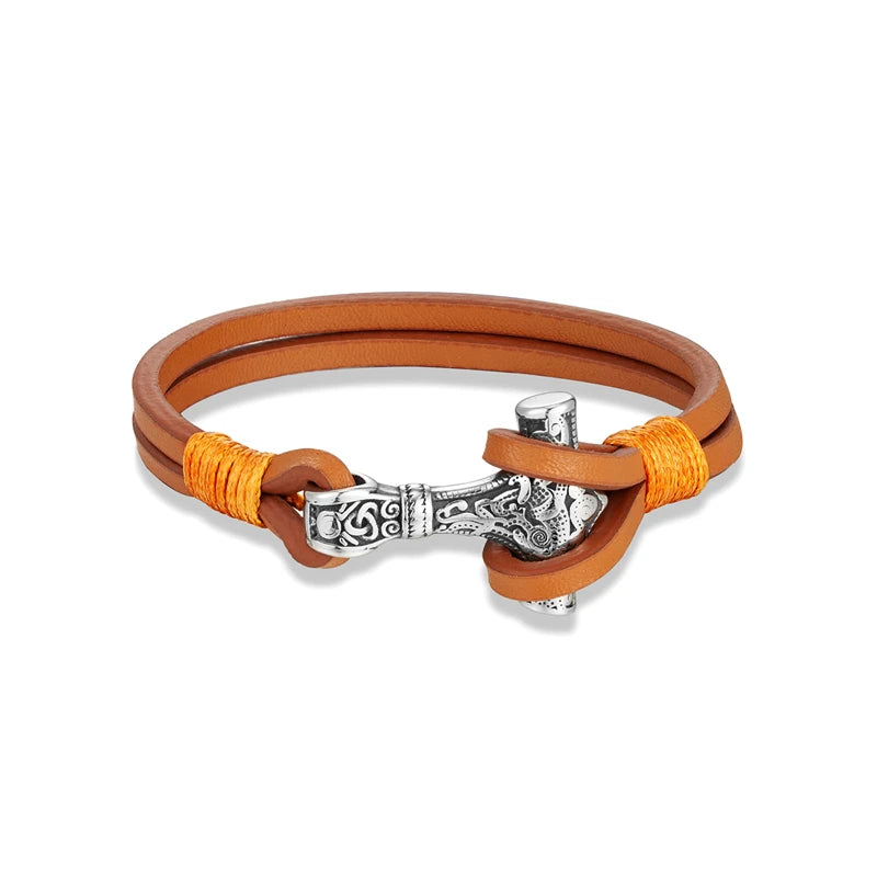MKENDN Vintage Thor Mjolnir Hammer Double Strand Blue Leather Bracelet Stainless Steel Men's Norse Viking Mythology Jewelry