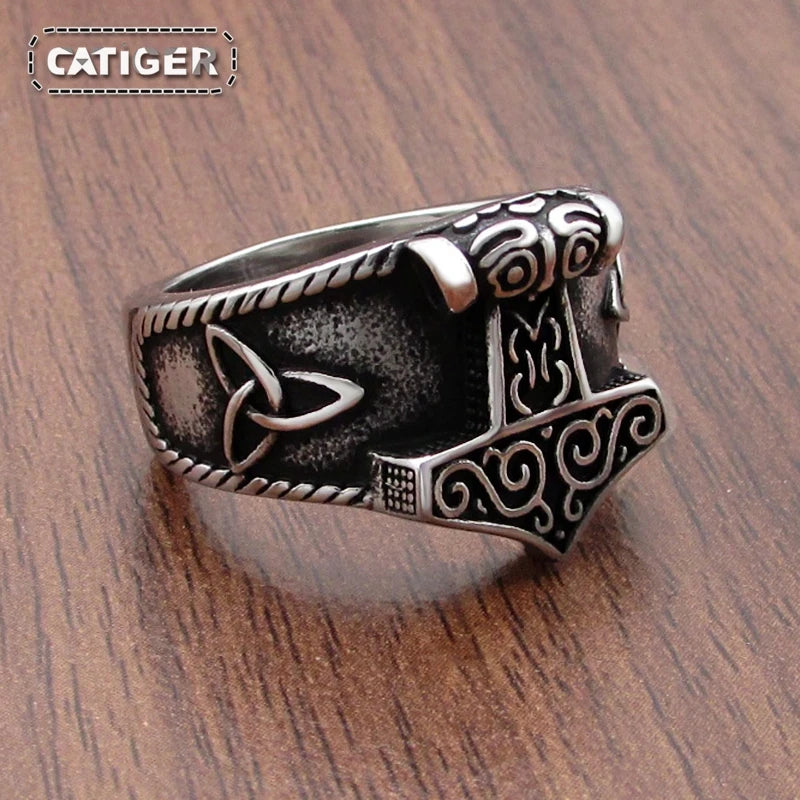 316L Stainless Steel New Viking Ring  Mjolnir Thor Hammer Celtics Knot Rings Men's Nordic Amulet Jewelry