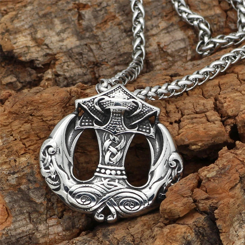 Dropshipping Thor's Hammer Mjolnir Pendant Crow Necklace Norse Viking Odin Scandinavian Men's Stainless Steel Punk Jewelry Gifts