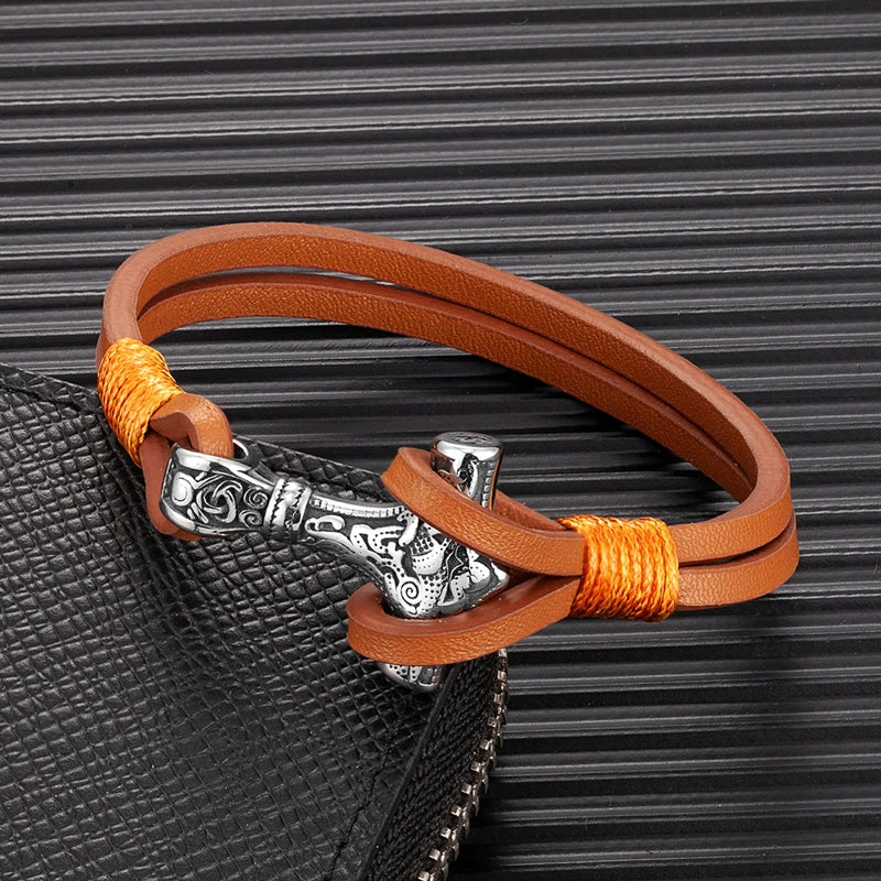 MKENDN Vintage Thor Mjolnir Hammer Double Strand Blue Leather Bracelet Stainless Steel Men's Norse Viking Mythology Jewelry