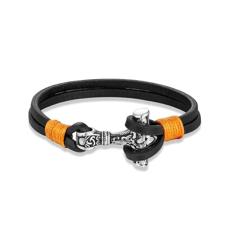 MKENDN Vintage Thor Mjolnir Hammer Double Strand Blue Leather Bracelet Stainless Steel Men's Norse Viking Mythology Jewelry