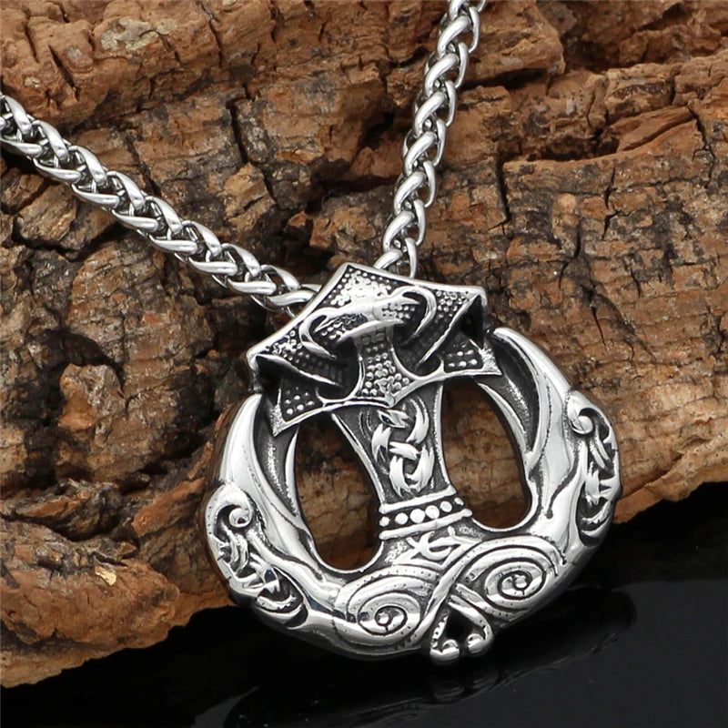 Dropshipping Thor's Hammer Mjolnir Pendant Crow Necklace Norse Viking Odin Scandinavian Men's Stainless Steel Punk Jewelry Gifts