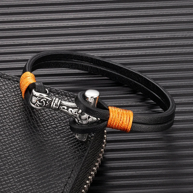 MKENDN Vintage Thor Mjolnir Hammer Double Strand Blue Leather Bracelet Stainless Steel Men's Norse Viking Mythology Jewelry