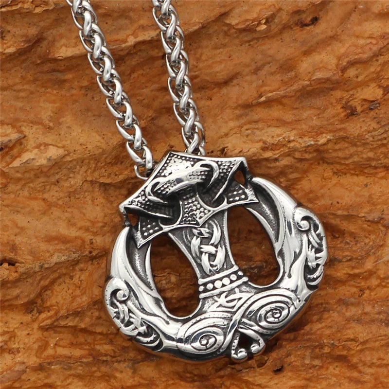 Dropshipping Thor's Hammer Mjolnir Pendant Crow Necklace Norse Viking Odin Scandinavian Men's Stainless Steel Punk Jewelry Gifts