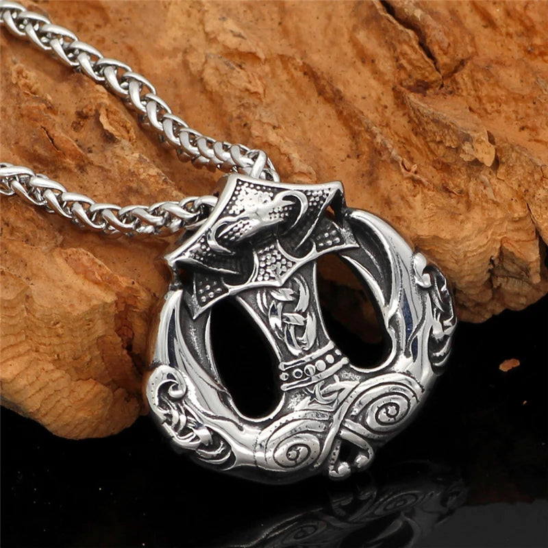 Dropshipping Thor's Hammer Mjolnir Pendant Crow Necklace Norse Viking Odin Scandinavian Men's Stainless Steel Punk Jewelry Gifts