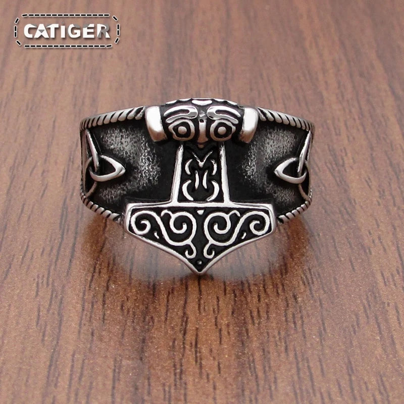 316L Stainless Steel New Viking Ring  Mjolnir Thor Hammer Celtics Knot Rings Men's Nordic Amulet Jewelry