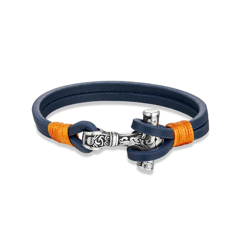 MKENDN Vintage Thor Mjolnir Hammer Double Strand Blue Leather Bracelet Stainless Steel Men's Norse Viking Mythology Jewelry