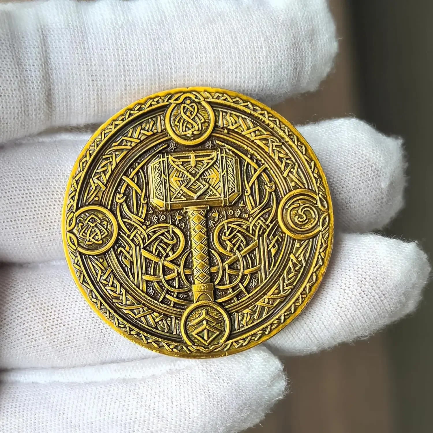 Viking Warrior and Mjölnir Challenge Coin - Intricate Norse Mythology Design with Runic Inscriptions ﻿