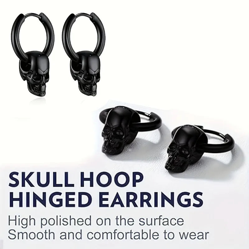 1Pair Halloween Skull Pendant Huggie Hoop Earrings For Women Men, Stainless Steel Punk Gothic Earring Studs, Halloween Jewelry