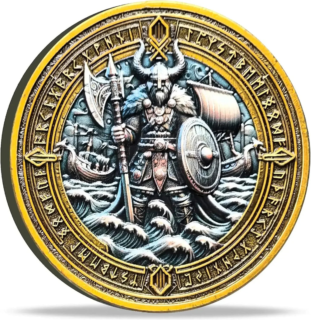 Viking Warrior and Mjölnir Challenge Coin - Intricate Norse Mythology Design with Runic Inscriptions ﻿