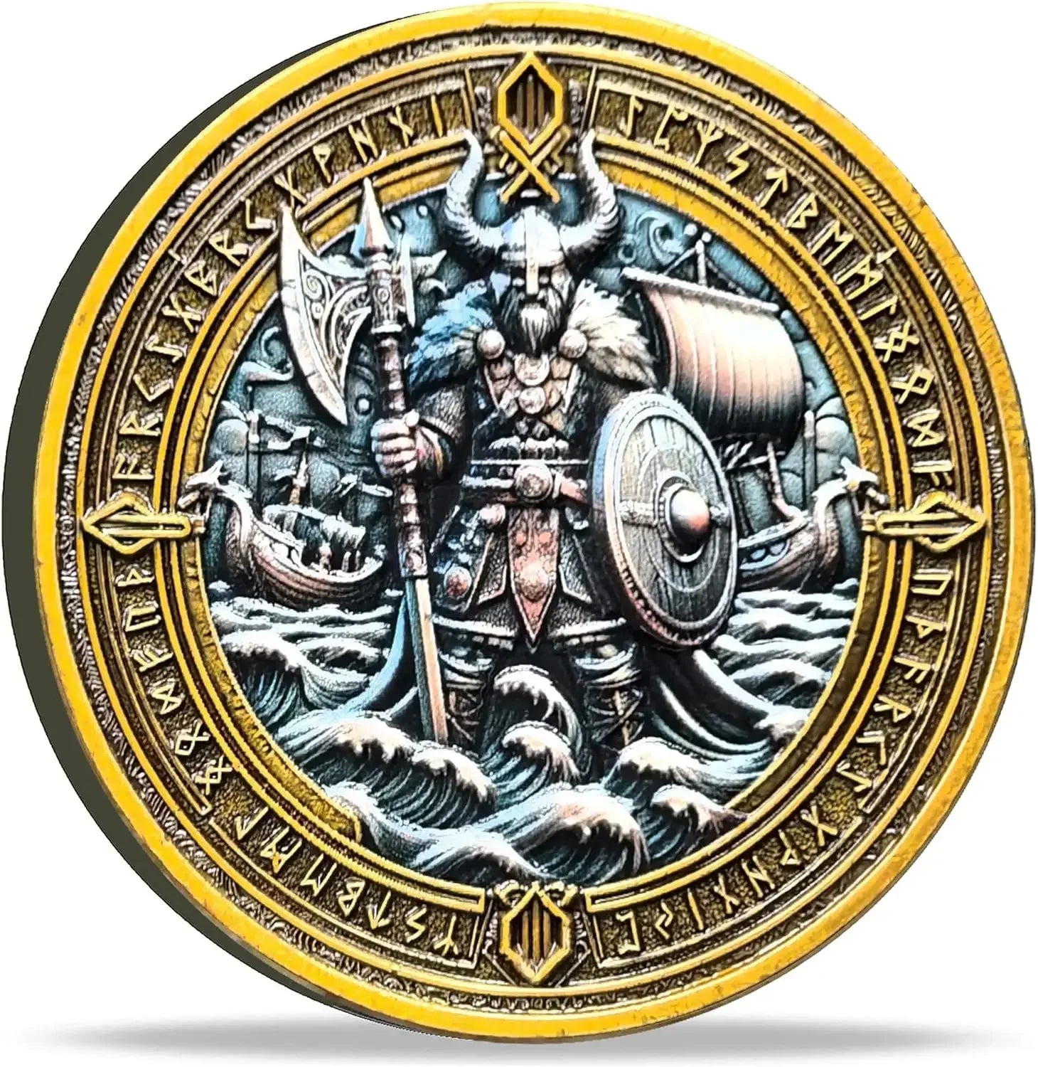 Viking Warrior and Mjölnir Challenge Coin - Intricate Norse Mythology Design with Runic Inscriptions ﻿