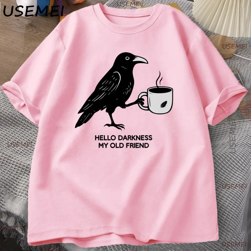 Vintage Crow Coffee T Shirt Halloween T-Shirt Fall Tee Women Men Cotton Tops Creative Crew Neck Tees Short Sleeve Loose TShirt