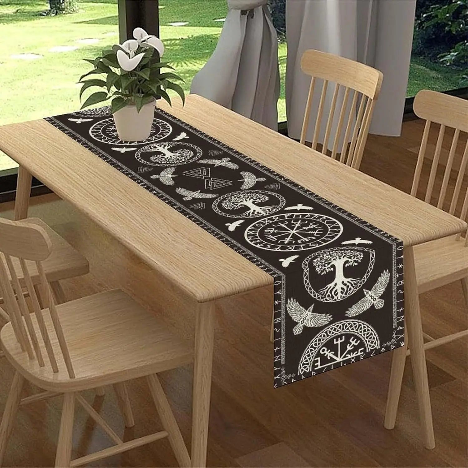 Nordic Mythology Vintage Runes Viking Linen Table Runner Dresser Scarves Decor Farmhouse Kitchen Dining Table Runner Party Decor