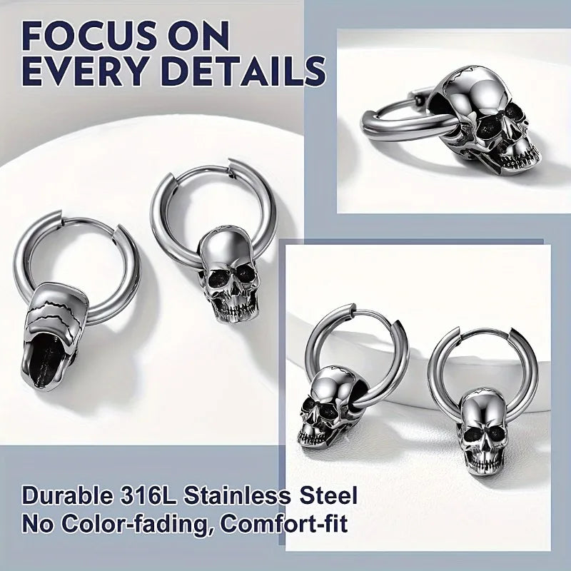 1Pair Halloween Skull Pendant Huggie Hoop Earrings For Women Men, Stainless Steel Punk Gothic Earring Studs, Halloween Jewelry