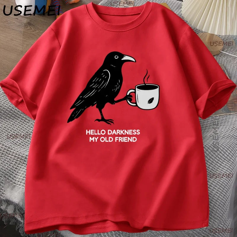 Vintage Crow Coffee T Shirt Halloween T-Shirt Fall Tee Women Men Cotton Tops Creative Crew Neck Tees Short Sleeve Loose TShirt