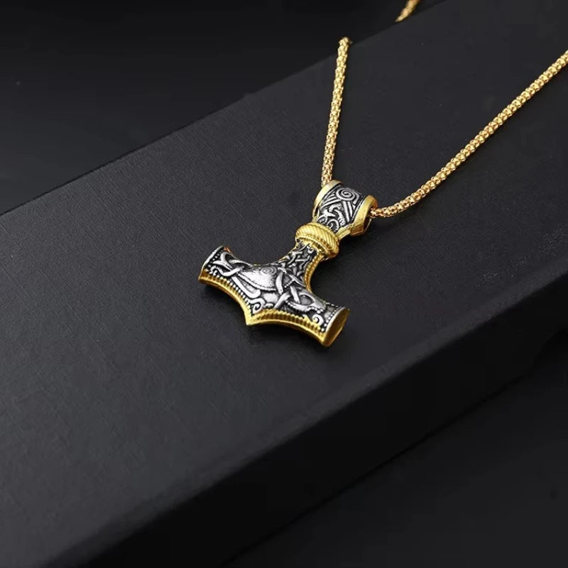 Punk Necklace for Men Thor Hammer Mjolnir Viking Amulet Hammer Scandinavian Pendant Norse Jewelry Metal Chain Pendant Jewelry