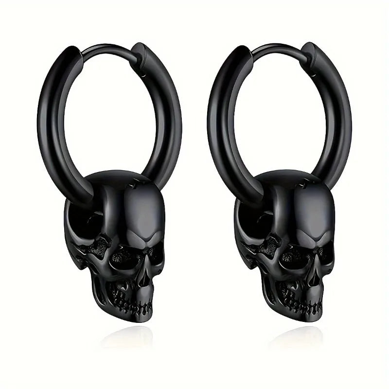 1Pair Halloween Skull Pendant Huggie Hoop Earrings For Women Men, Stainless Steel Punk Gothic Earring Studs, Halloween Jewelry