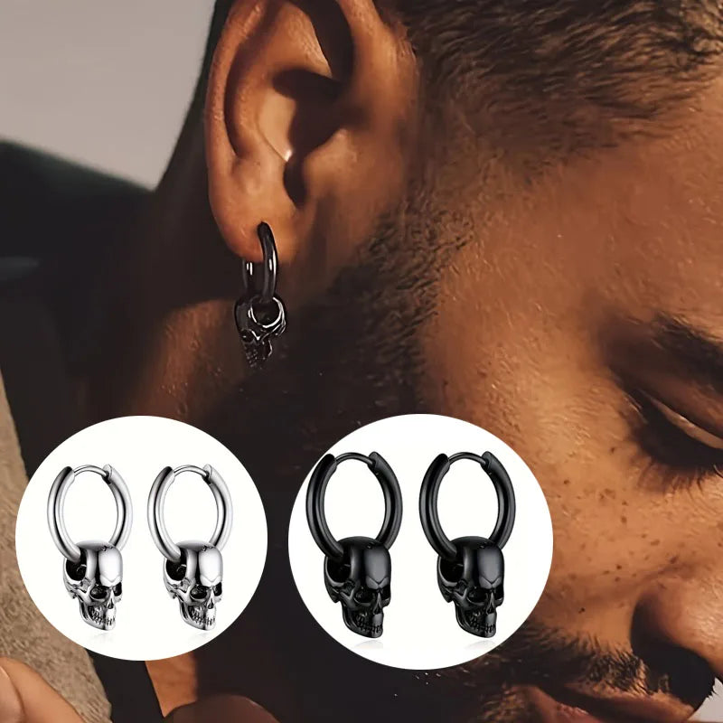 1Pair Halloween Skull Pendant Huggie Hoop Earrings For Women Men, Stainless Steel Punk Gothic Earring Studs, Halloween Jewelry