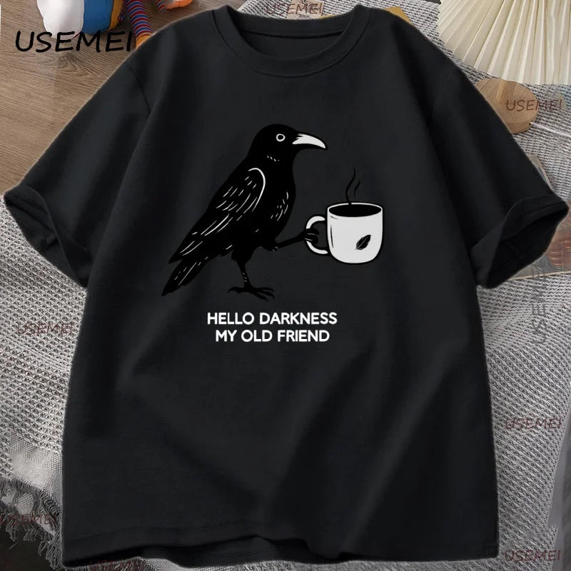 Vintage Crow Coffee T Shirt Halloween T-Shirt Fall Tee Women Men Cotton Tops Creative Crew Neck Tees Short Sleeve Loose TShirt