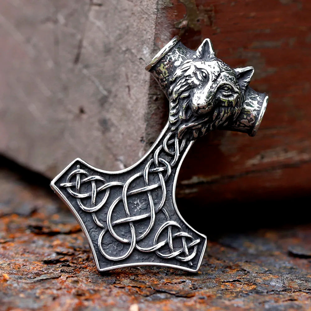 2024 Thor's Hammer Mjolnir Scandinavian Rune Amulet Design Stainless Steel Men's Pendant Viking Wolf Pendant Animal Jewelry