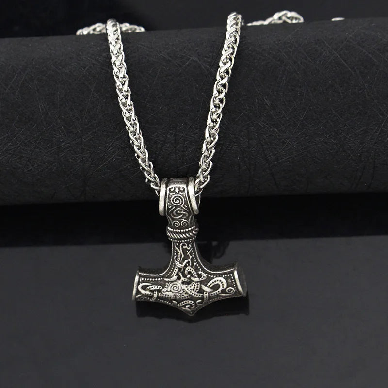 Punk Necklace for Men Thor Hammer Mjolnir Viking Amulet Hammer Scandinavian Pendant Norse Jewelry Metal Chain Pendant Jewelry