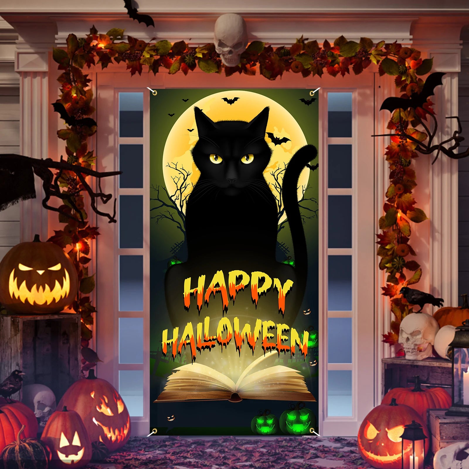 Halloween Black Cat Door Banner, Scary Cat Halloween Door Cover Halloween Door Decorations Trick or Treat Halloween Party Banner