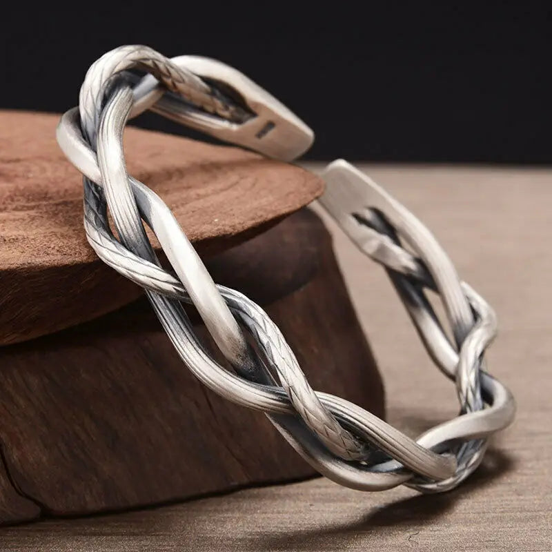 Vintage Mens Jewellery Woven Twist Texture Bracelet Bangles for Women Men Thai Silver Statement Bracelet Punk Party Jewelry Gift