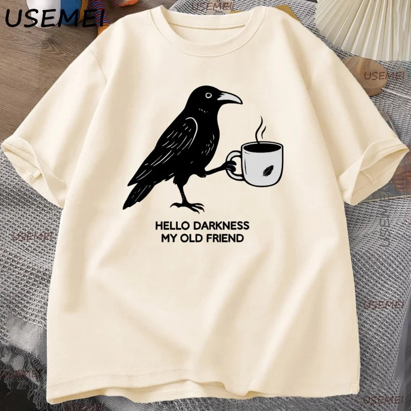 Vintage Crow Coffee T Shirt Halloween T-Shirt Fall Tee Women Men Cotton Tops Creative Crew Neck Tees Short Sleeve Loose TShirt