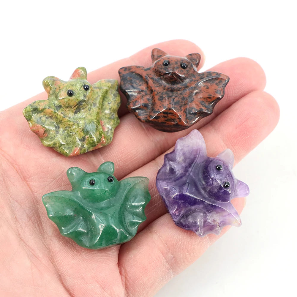 1.5in Mini Crystal Bat Statue Natural Stone Carving Animals Figurine for Home Decoration Jewelry Accessory Crafts Halloween Gift