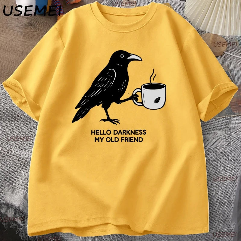 Vintage Crow Coffee T Shirt Halloween T-Shirt Fall Tee Women Men Cotton Tops Creative Crew Neck Tees Short Sleeve Loose TShirt
