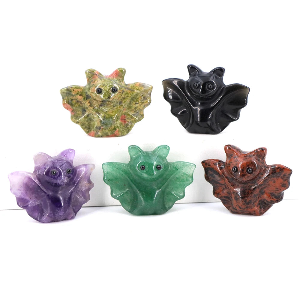 1.5in Mini Crystal Bat Statue Natural Stone Carving Animals Figurine for Home Decoration Jewelry Accessory Crafts Halloween Gift