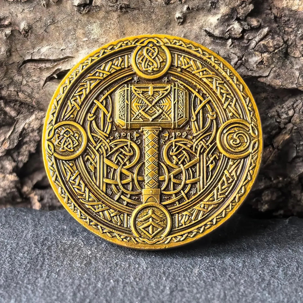 Viking Warrior and Mjölnir Challenge Coin - Intricate Norse Mythology Design with Runic Inscriptions ﻿