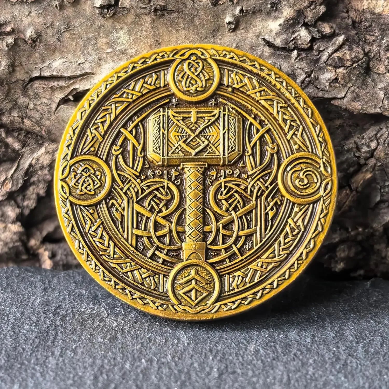 Viking Warrior and Mjölnir Challenge Coin - Intricate Norse Mythology Design with Runic Inscriptions ﻿