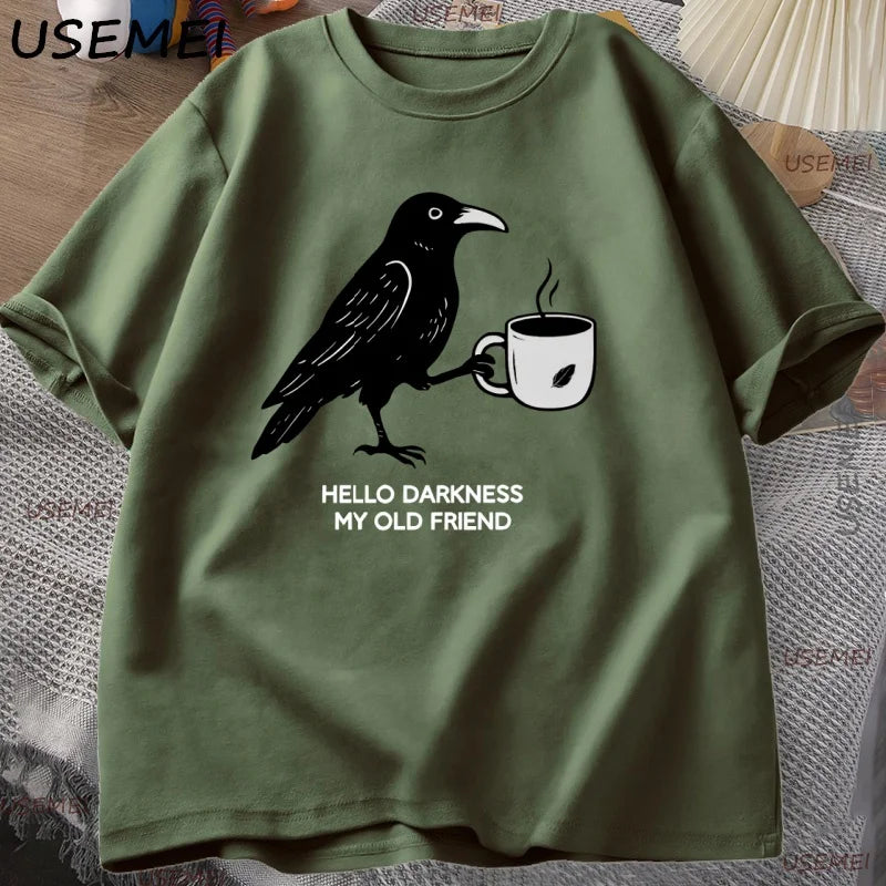Vintage Crow Coffee T Shirt Halloween T-Shirt Fall Tee Women Men Cotton Tops Creative Crew Neck Tees Short Sleeve Loose TShirt