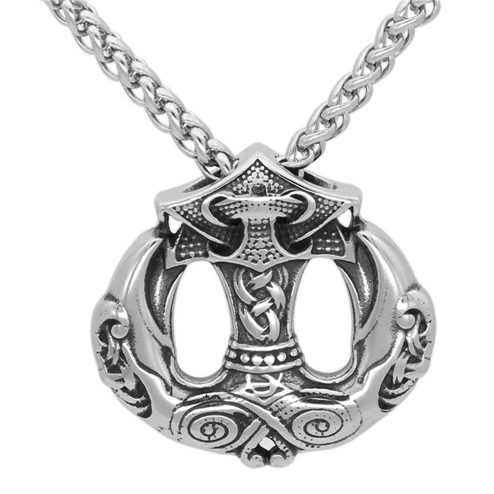 Dropshipping Thor's Hammer Mjolnir Pendant Crow Necklace Norse Viking Odin Scandinavian Men's Stainless Steel Punk Jewelry Gifts