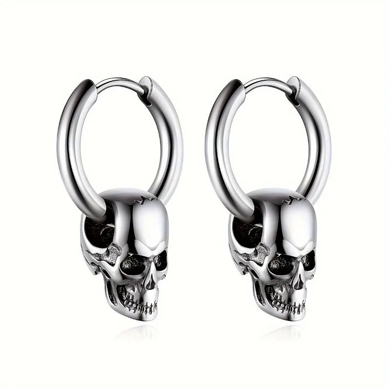 1Pair Halloween Skull Pendant Huggie Hoop Earrings For Women Men, Stainless Steel Punk Gothic Earring Studs, Halloween Jewelry