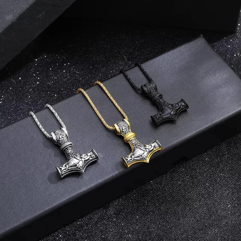 Punk Necklace for Men Thor Hammer Mjolnir Viking Amulet Hammer Scandinavian Pendant Norse Jewelry Metal Chain Pendant Jewelry