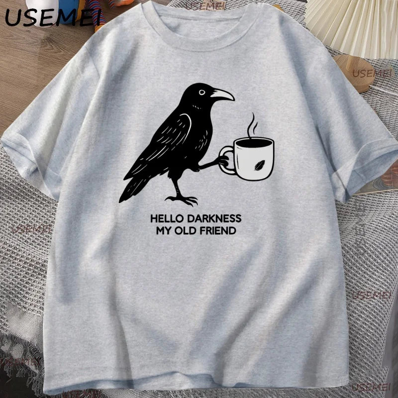 Vintage Crow Coffee T Shirt Halloween T-Shirt Fall Tee Women Men Cotton Tops Creative Crew Neck Tees Short Sleeve Loose TShirt