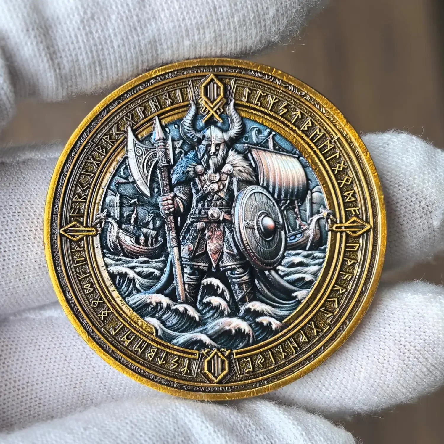 Viking Warrior and Mjölnir Challenge Coin - Intricate Norse Mythology Design with Runic Inscriptions ﻿