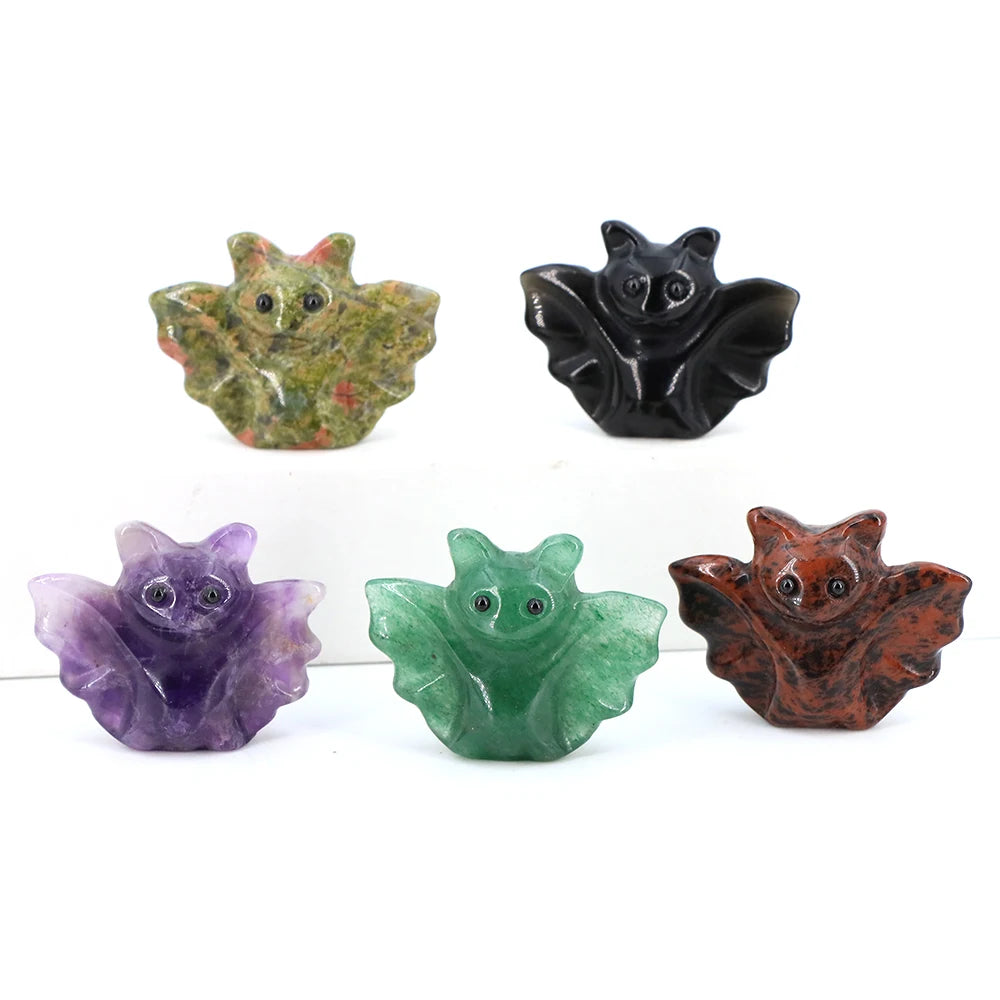5 X 1.5in Mini Crystal Bat Statue Natural Stone Carving Animals Figurine for Home Decoration Jewelry Accessory Crafts Halloween Gift