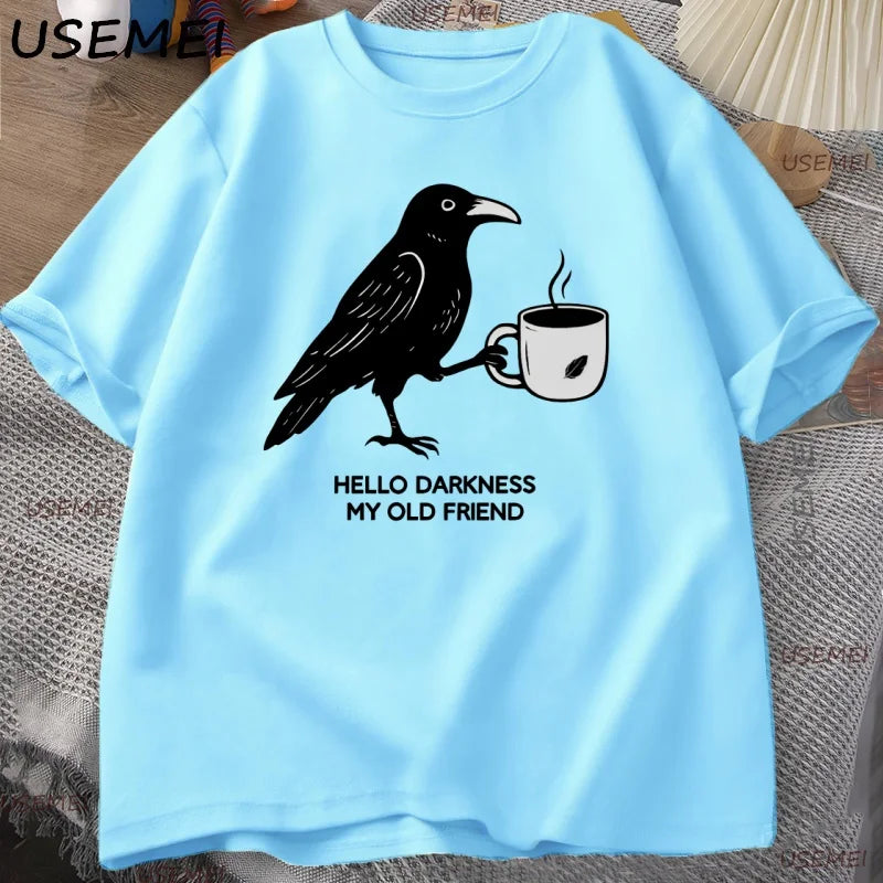 Vintage Crow Coffee T Shirt Halloween T-Shirt Fall Tee Women Men Cotton Tops Creative Crew Neck Tees Short Sleeve Loose TShirt
