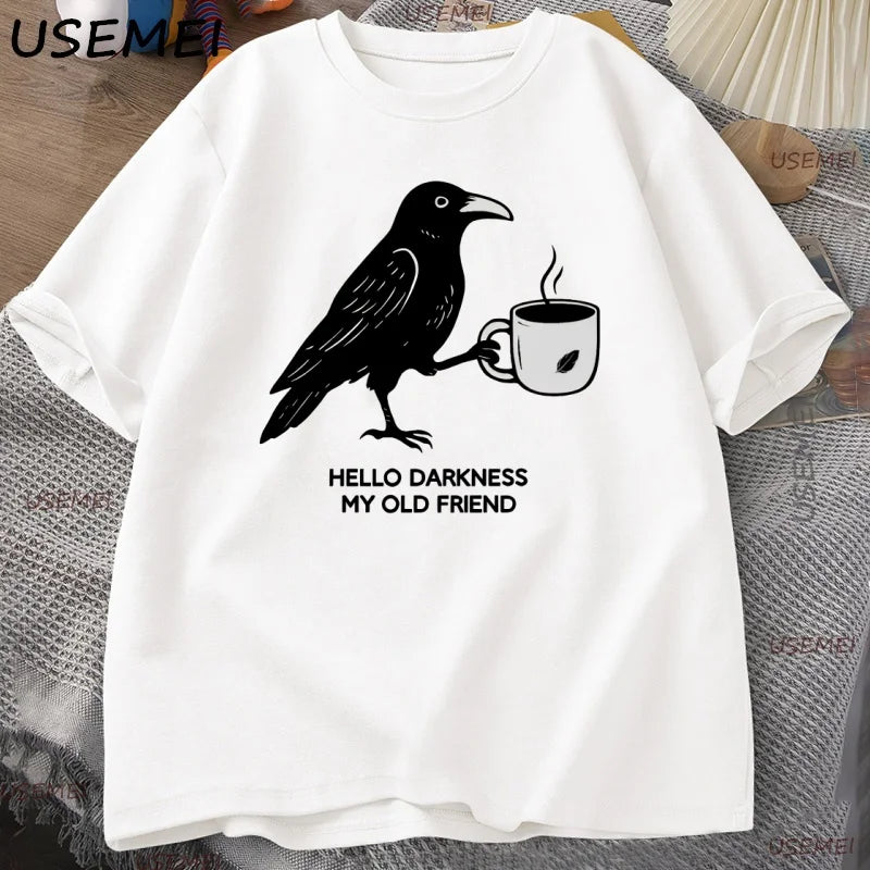 Vintage Crow Coffee T Shirt Halloween T-Shirt Fall Tee Women Men Cotton Tops Creative Crew Neck Tees Short Sleeve Loose TShirt